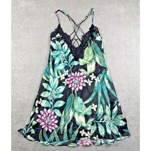 In Bloom By Jonquil Women's Satin Floral Chemise Green/Black/Purple XS NWT
